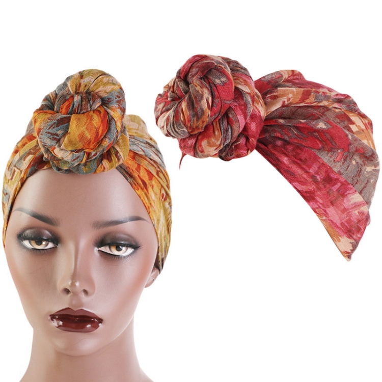 Tie-Dye Ball Turban Hat Ethnic Style Knotted Hat Ladies Scarf Wrap Head Hat(Wine Red)