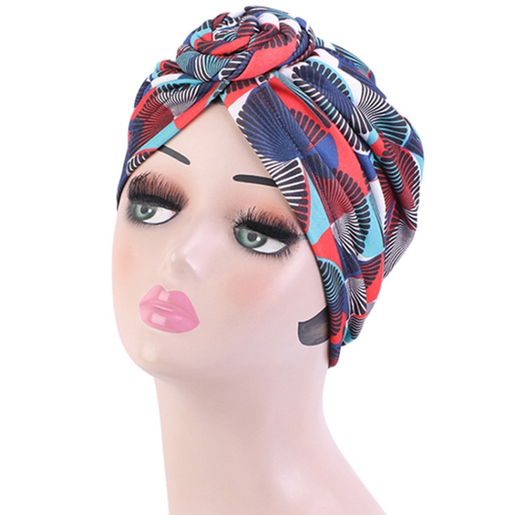 TJM-342 Cotton Whirlpool Flower Shape Turban Hat(Fan-shaped Red Navy)