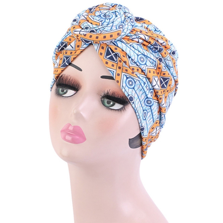 TJM-342 Cotton Whirlpool Flower Shape Turban Hat(Sky Blue Orange)