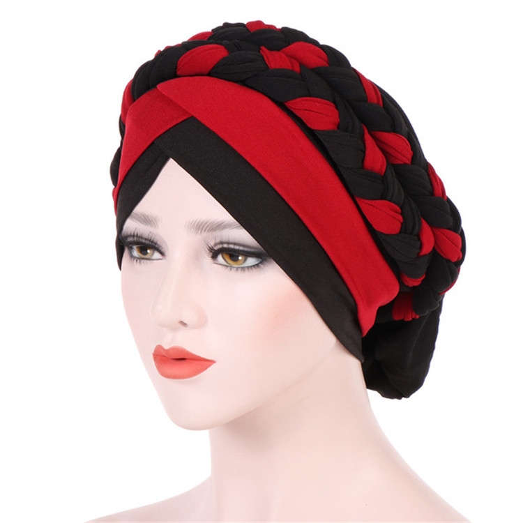Two-color Braided Milk Silk Turban Cap, Size:M(56-58cm)(Black Hat Wine Red)
