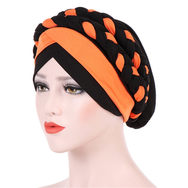 Two-color Braided Milk Silk Turban Cap, Size:M（56-58cm）(Black + Orange)