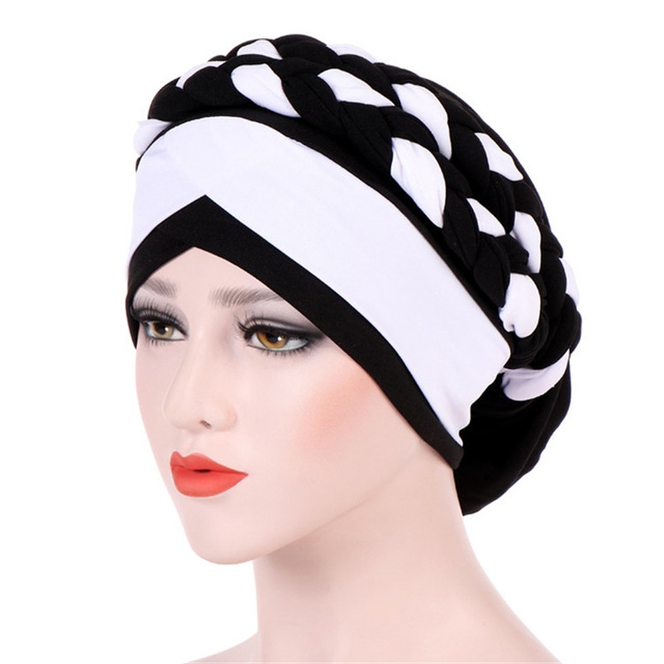Two-color Braided Milk Silk Turban Cap, Size:M（56-58cm）(Black + White)