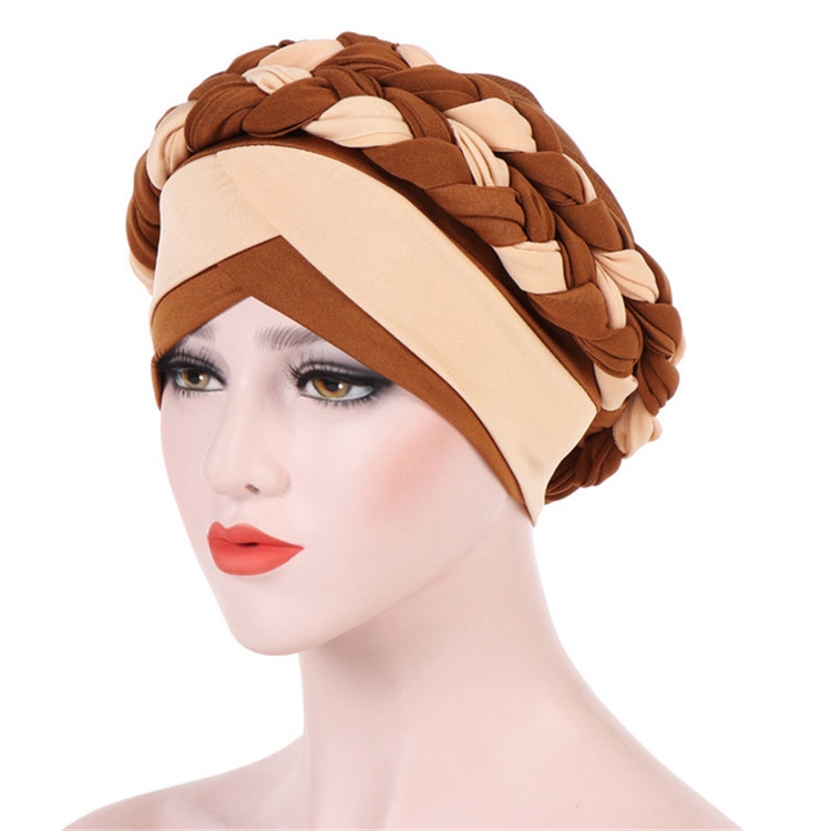Two-color Braided Milk Silk Turban Cap, Size:M（56-58cm）(Camel +Beige)
