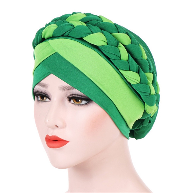 Two-color Braided Milk Silk Turban Cap, Size:M（56-58cm）(Dark Green + Light Green)