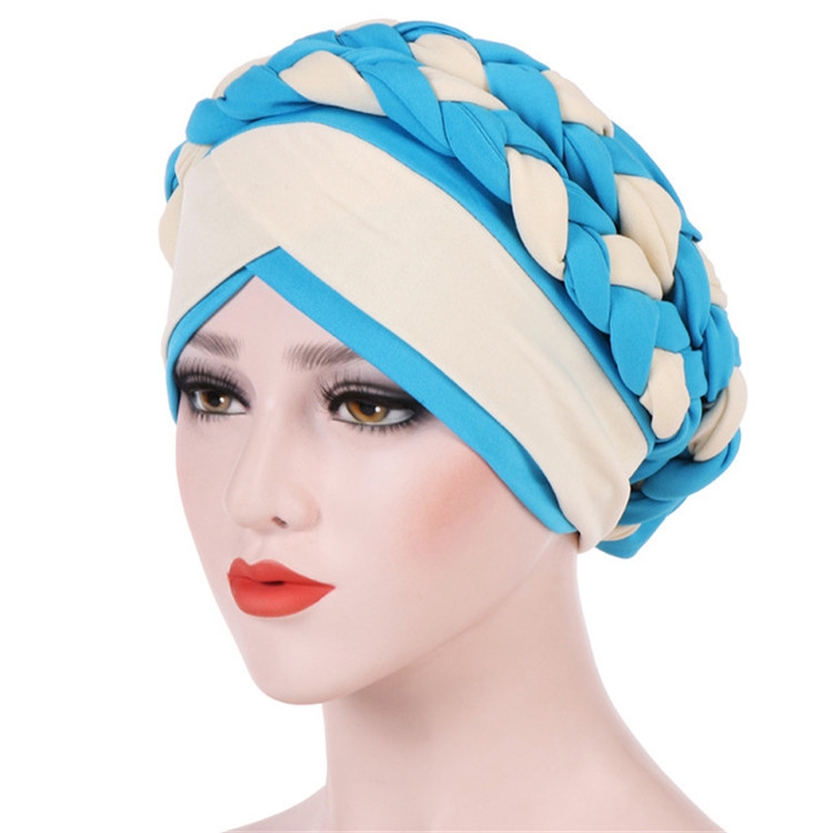 Two-color Braided Milk Silk Turban Cap, Size:M（56-58cm）(Lake Blue + Beige)