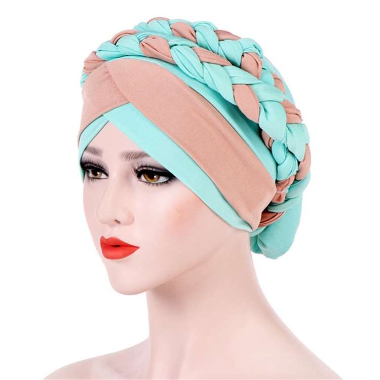 Two-color Braided Milk Silk Turban Cap, Size:M（56-58cm）(Light Green + Khaki)