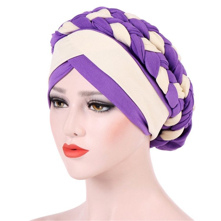 Two-color Braided Milk Silk Turban Cap, Size:M（56-58cm）(Light Purple + Beige)