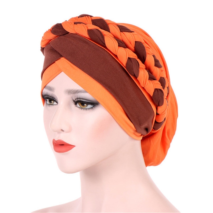 Two-color Braided Milk Silk Turban Cap, Size:M(56-58cm)(Orange + Coffee)