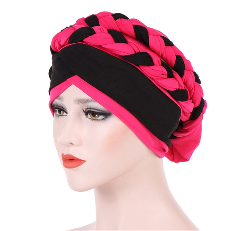 Two-color Braided Milk Silk Turban Cap, Size:M(56-58cm)(Rose Red + Black)