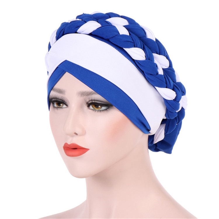 Two-color Braided Milk Silk Turban Cap, Size:M（56-58cm）(Royal Blue + White)