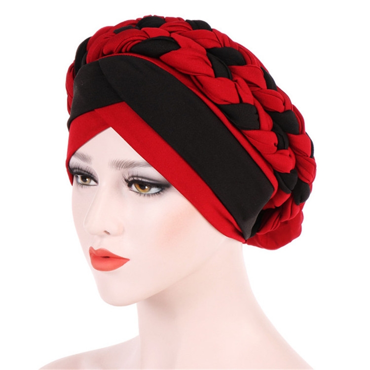 Two-color Braided Milk Silk Turban Cap, Size:M(56-58cm)(Wine Red Hat Black)