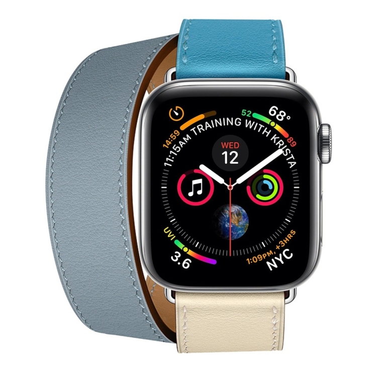 Two Color Double Loop Leather Wrist Strap Watch Band for Apple Watch Series 3 & 2 & 1 38mm, Color:Grey Blue+Pink White+Ice Blue