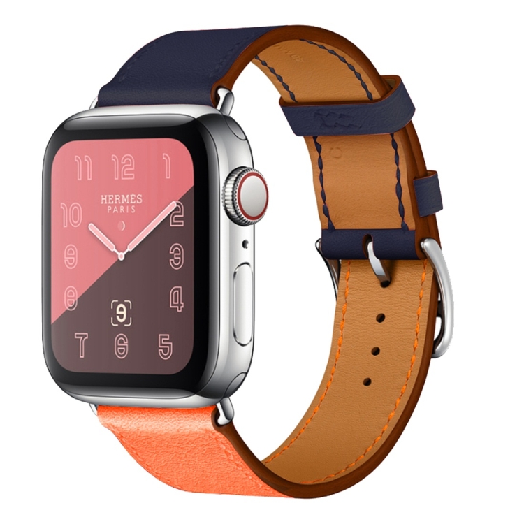 Two Color Single Loop Leather Wrist Strap Watch Band for Apple Watch Series 3 & 2 & 1 38mm, Color:Orange+Bright Blue