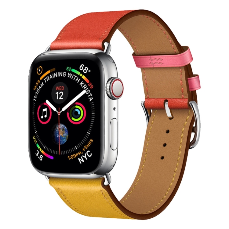 Two Color Single Loop Leather Wrist Strap Watch Band for Apple Watch Series 3 & 2 & 1 42mm, Color:Amber+Orange Red+Light Rose Red
