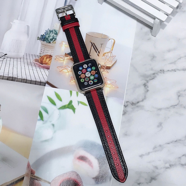 Two-color Stitching Lychee Texture Leather Watch Band For Apple Watch Series 9&8&7 41mm / SE 3&SE 2&6&SE&5&4 40mm / 3&2&1 38mm(Black Red)