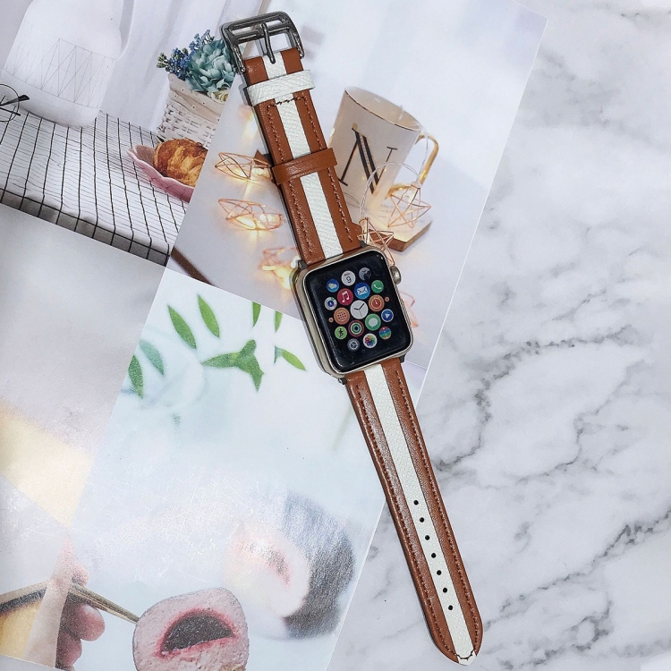 Two-color Stitching Lychee Texture Leather Watch Band For Apple Watch Series 9&8&7 41mm / SE 3&SE 2&6&SE&5&4 40mm / 3&2&1 38mm(Brown White)