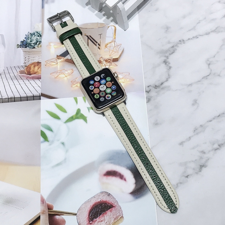 Two-color Stitching Lychee Texture Leather Watch Band For Apple Watch Series 9&8&7 41mm / SE 3&SE 2&6&SE&5&4 40mm / 3&2&1 38mm(White Green)