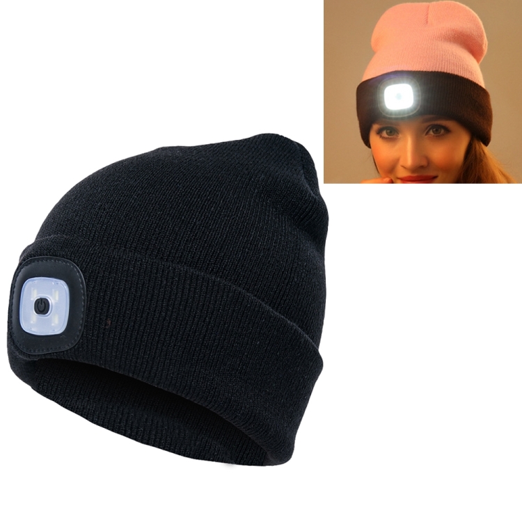 Unisex Warm Winter Polyacrylonitrile Knit Hat Adult Head Cap with 4 LED Lights, Button Battery (Black)