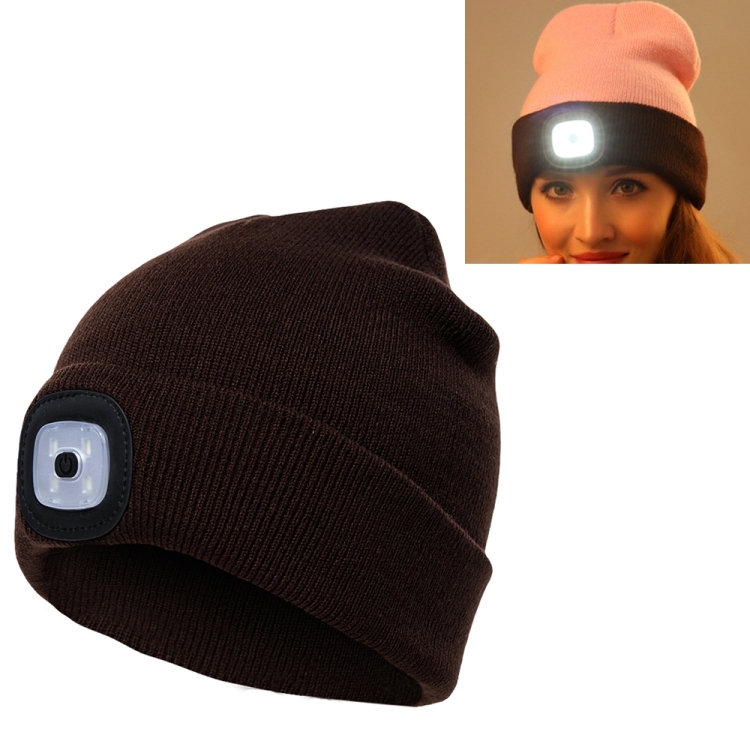 Unisex Warm Winter Polyacrylonitrile Knit Hat Adult Head Cap with 4 LED Lights, Button Battery (Coffee)