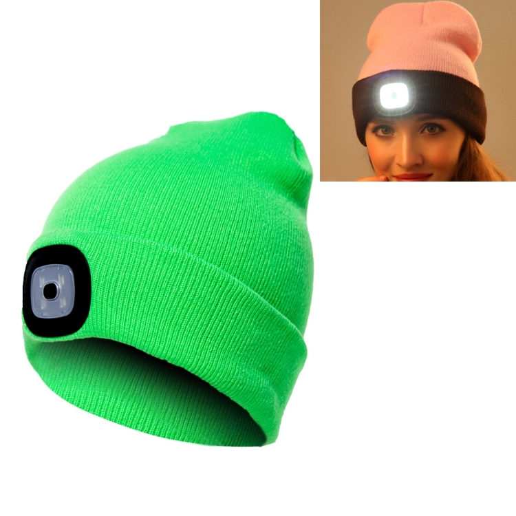 Unisex Warm Winter Polyacrylonitrile Knit Hat Adult Head Cap with 4 LED Lights, Button Battery (Fluorescent Green Light)