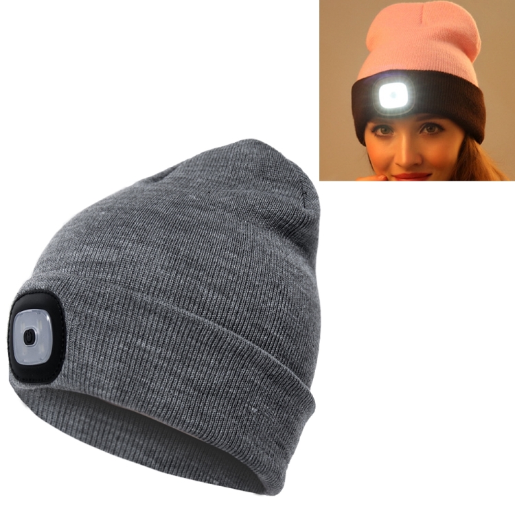 Unisex Warm Winter Polyacrylonitrile Knit Hat Adult Head Cap with 4 LED Lights, Button Battery (Grey)