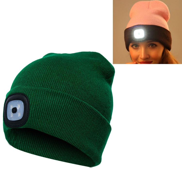 Unisex Warm Winter Polyacrylonitrile Knit Hat Adult Head Cap with 4 LED Lights(Dark Green)