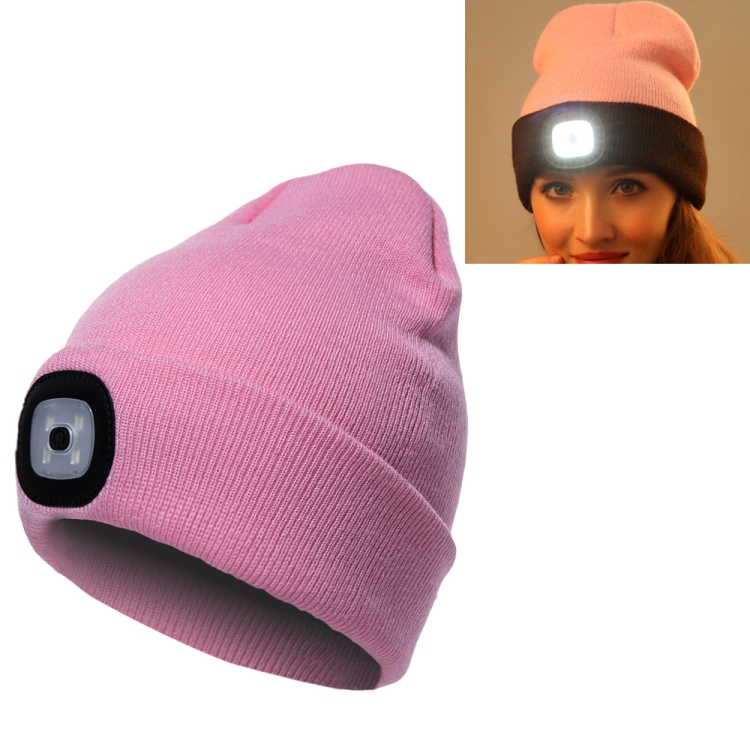Unisex Warm Winter Polyacrylonitrile Knit Hat Adult Head Cap with 4 LED Lights(Pink)