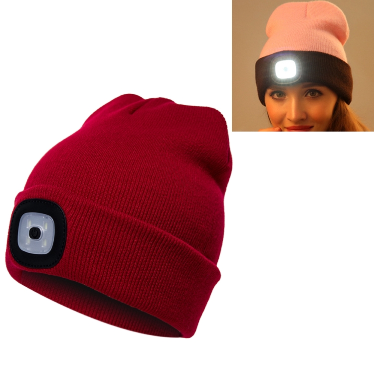 Unisex Warm Winter Polyacrylonitrile Knit Hat Adult Head Cap with 4 LED Lights(Red)