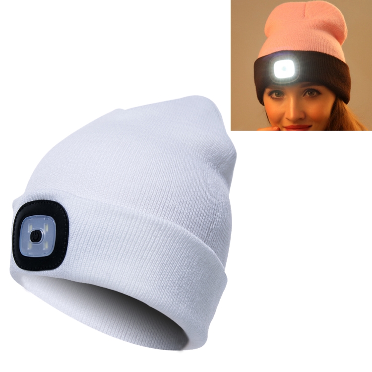Unisex Warm Winter Polyacrylonitrile Knit Hat Adult Head Cap with 4 LED Lights(White)