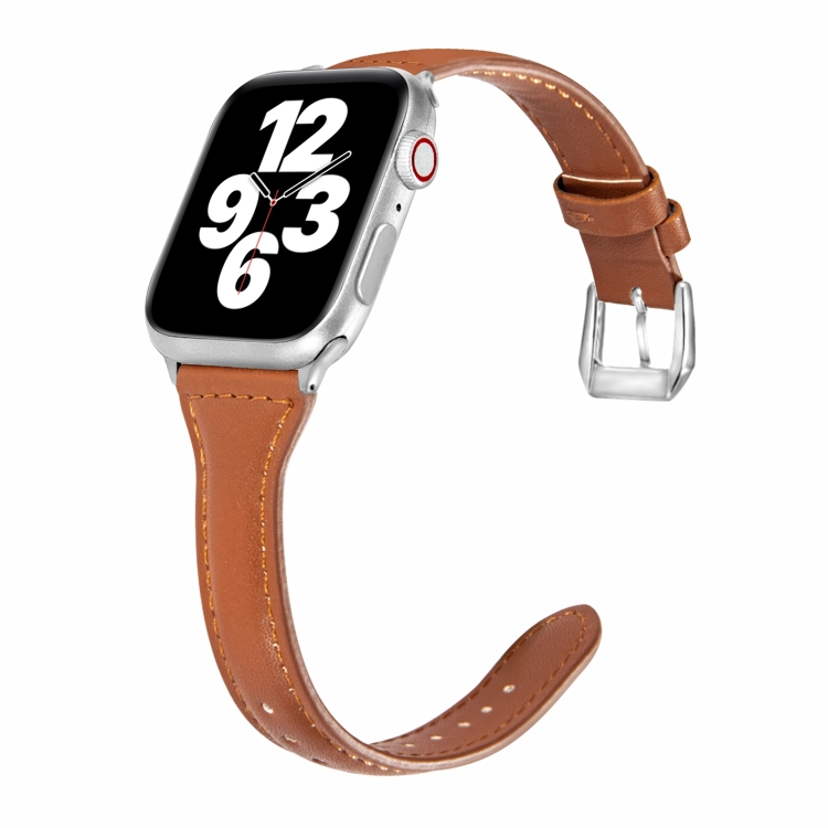 Universal T-shaped Thin Leather Watch Band For Apple Watch Series 7 41mm / 6 & SE & 5 & 4 40mm / 3 & 2 & 1 38mm(Dark Brown)
