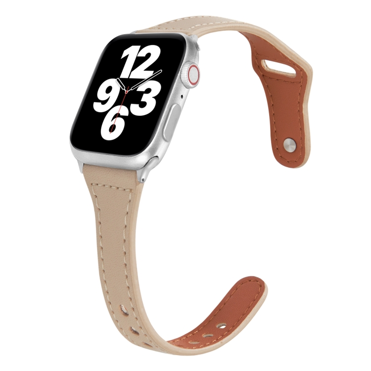 Universal T-shaped Thin Reverse Buckle Leather Watch Band For Apple Watch Series 9&8&7 41mm / SE 3&SE 2&6&SE&5&4 40mm / 3&2&1 38mm(Beige)