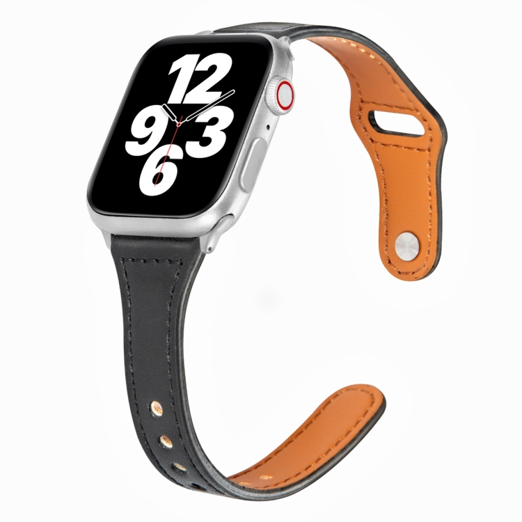 Universal T-shaped Thin Reverse Buckle Leather Watch Band For Apple Watch Series 9&8&7 41mm / SE 3&SE 2&6&SE&5&4 40mm / 3&2&1 38mm(Black)