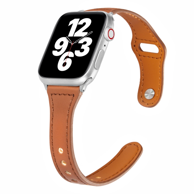 Universal T-shaped Thin Reverse Buckle Leather Watch Band For Apple Watch Series 9&8&7 41mm / SE 3&SE 2&6&SE&5&4 40mm / 3&2&1 38mm(Dark Brown)