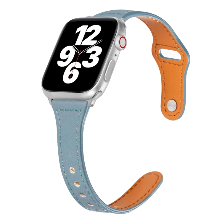 Universal T-shaped Thin Reverse Buckle Leather Watch Band For Apple Watch Series 9&8&7 41mm / SE 3&SE 2&6&SE&5&4 40mm / 3&2&1 38mm(Light Blue)