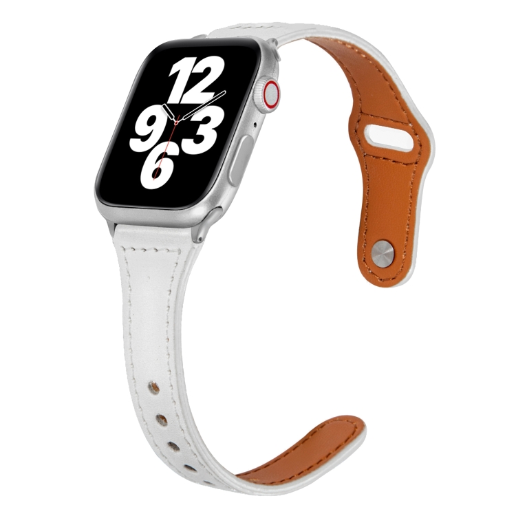 Universal T-shaped Thin Reverse Buckle Leather Watch Band For Apple Watch Series 9&8&7 41mm / SE 3&SE 2&6&SE&5&4 40mm / 3&2&1 38mm(White)