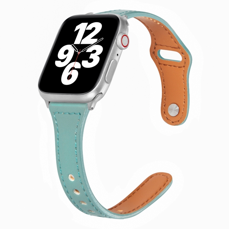 Universal T-shaped Thin Reverse Buckle Leather Watch Band For Apple Watch Ultra 49mm&Watch Ultra 2 49mm / Series 9&8&7 45mm / SE 3&SE 2&6&SE&5&4 44mm / 3&2&1 42mm(Green)