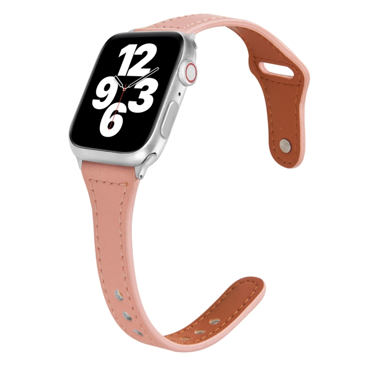 Universal T-shaped Thin Reverse Buckle Leather Watch Band For Apple Watch Ultra 49mm&Watch Ultra 2 49mm / Series 9&8&7 45mm / SE 3&SE 2&6&SE&5&4 44mm / 3&2&1 42mm(Pink)