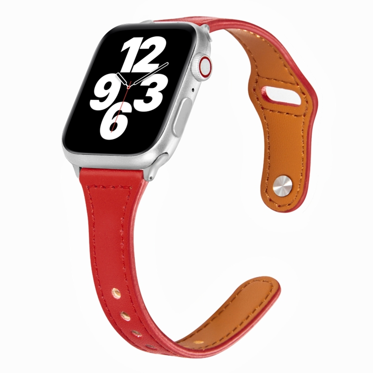 Universal T-shaped Thin Reverse Buckle Leather Watch Band For Apple Watch Ultra 49mm&Watch Ultra 2 49mm / Series 9&8&7 45mm / SE 3&SE 2&6&SE&5&4 44mm / 3&2&1 42mm(Red)