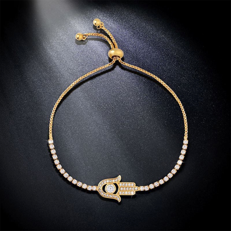 Valentines Day Gift Hamsa Hand Crystal Inlaid Hand Chain Bracelet, Chain Length: 25cm(Gold)