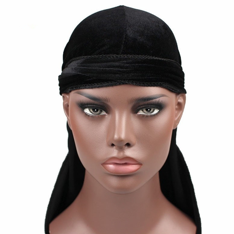 Velvet Turban Cap Long-tailed Pirate Hat Chemotherapy Cap (Black)