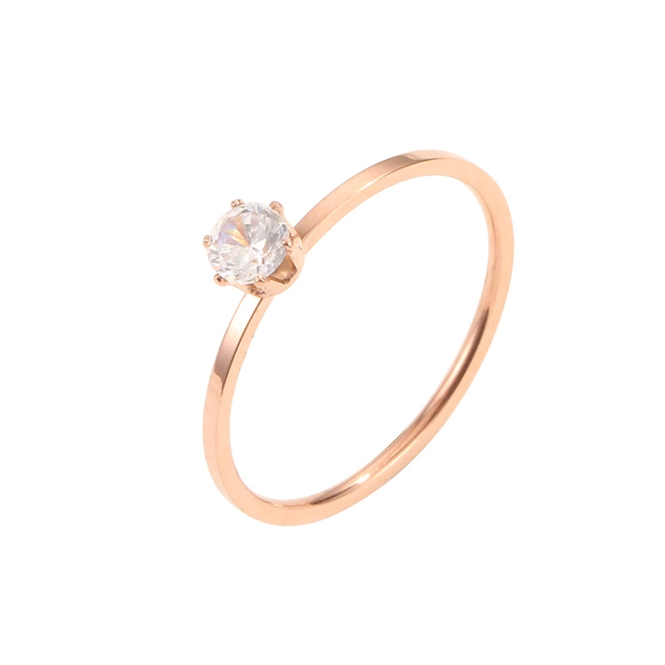 Very Fine Six-Claw Single Diamond Ring Diamond-Set Titanium Steel Women Ring, Size: US Size 10(Rose Gold)