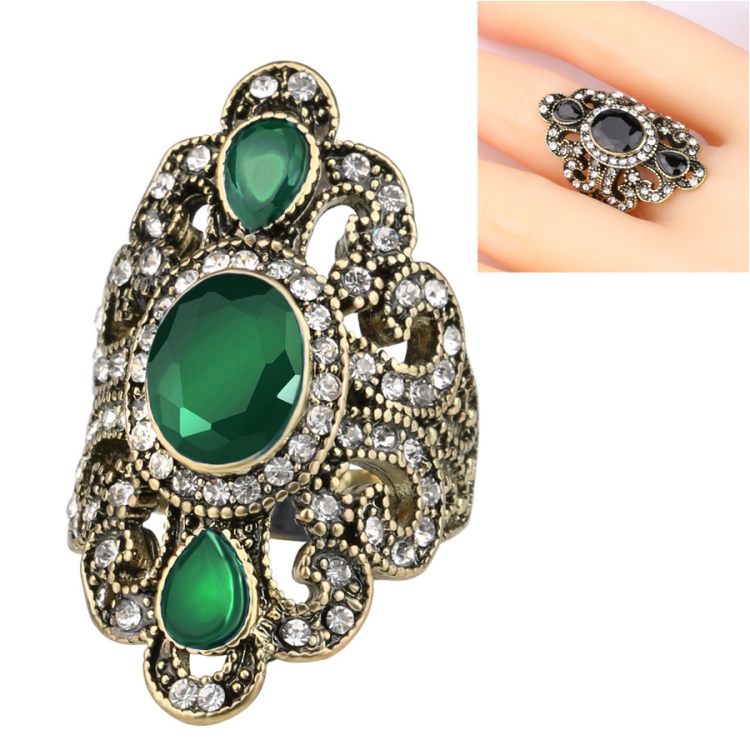 Vintage Ethnic Style Exquisite Carved Inlaid Acrylic Resin Hollow Ring, Ring Size:10(Green)