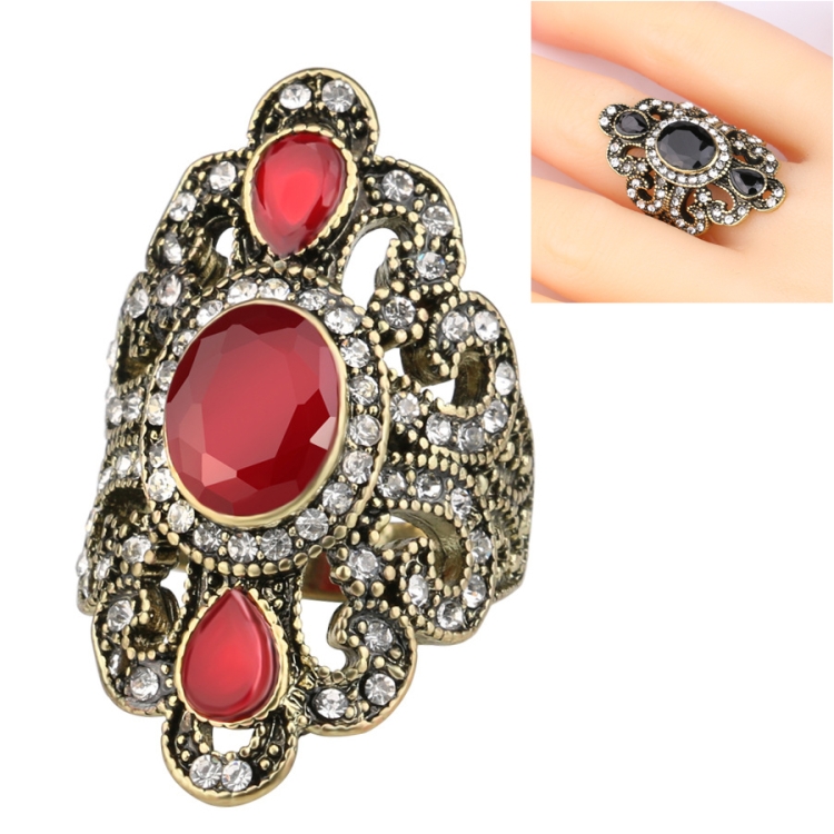 Vintage Ethnic Style Exquisite Carved Inlaid Acrylic Resin Hollow Ring, Ring Size:10(Red)