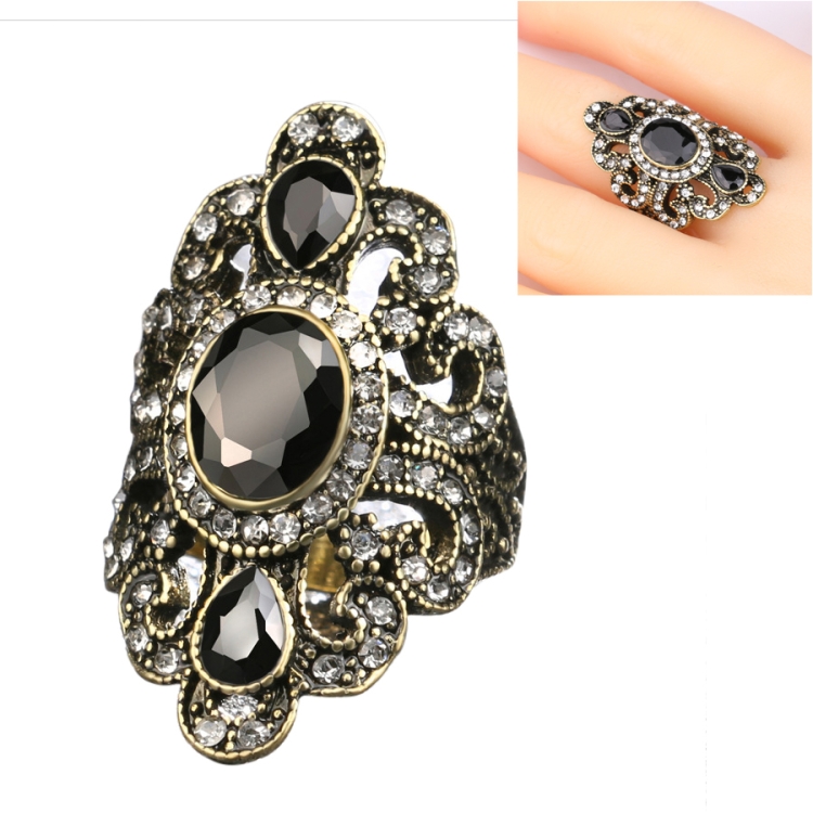Vintage Ethnic Style Exquisite Carved Inlaid Acrylic Resin Hollow Ring, Ring Size:7(Black)