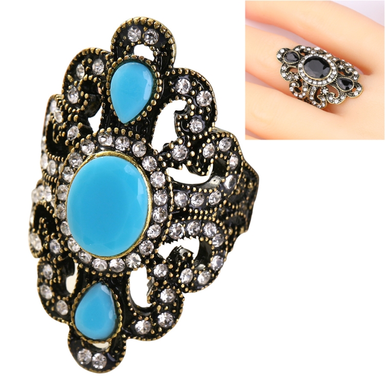 Vintage Ethnic Style Exquisite Carved Inlaid Acrylic Resin Hollow Ring, Ring Size:9(Blue)