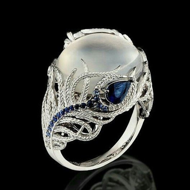 Vintage Silver Hollow Natural Opal Rings Feather Pattern Rings for Women Jewelry, Ring Size:6