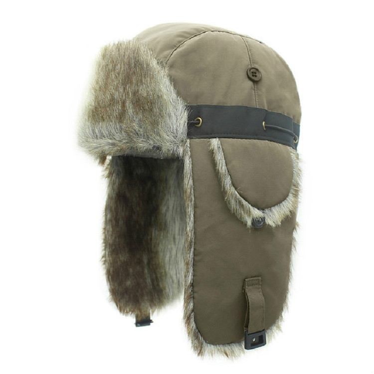 Winter Outdoor Padded Adjustable Head Circumference Ski Hat Warm Ear Protected Cap Flight Hats (Army Green Brown Fur)