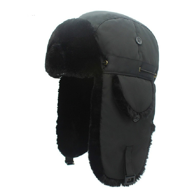 Winter Outdoor Padded Adjustable Head Circumference Ski Hat Warm Ear Protected Cap Flight Hats (Black Black Fur)