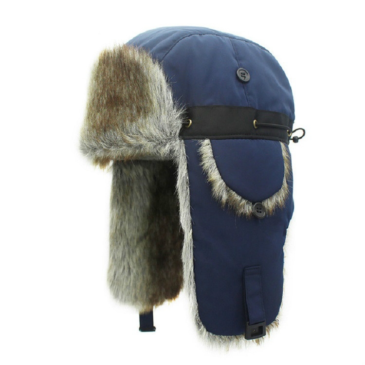 Winter Outdoor Padded Adjustable Head Circumference Ski Hat Warm Ear Protected Cap Flight Hats (Dark Blue Brown Fur)