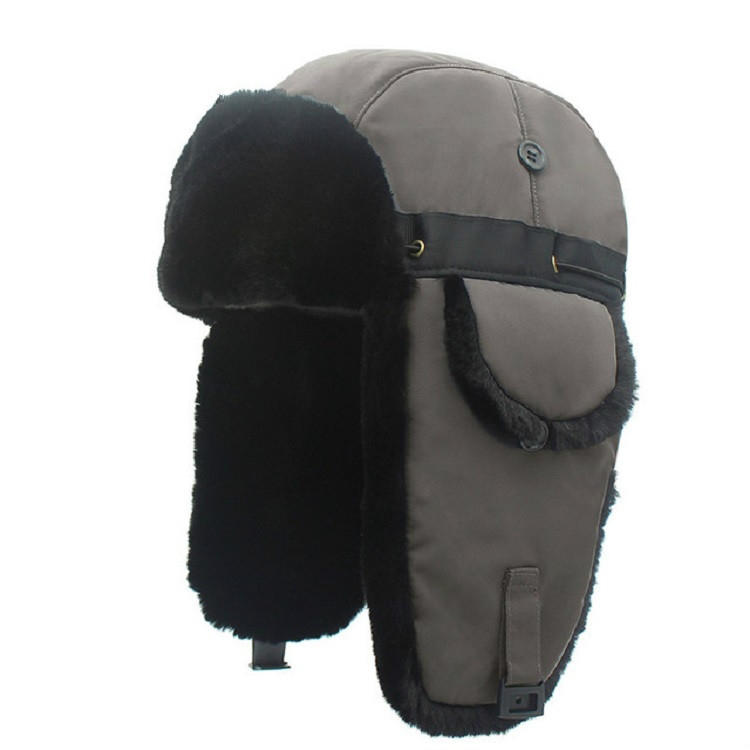 Winter Outdoor Padded Adjustable Head Circumference Ski Hat Warm Ear Protected Cap Flight Hats (Gray Black Fur)